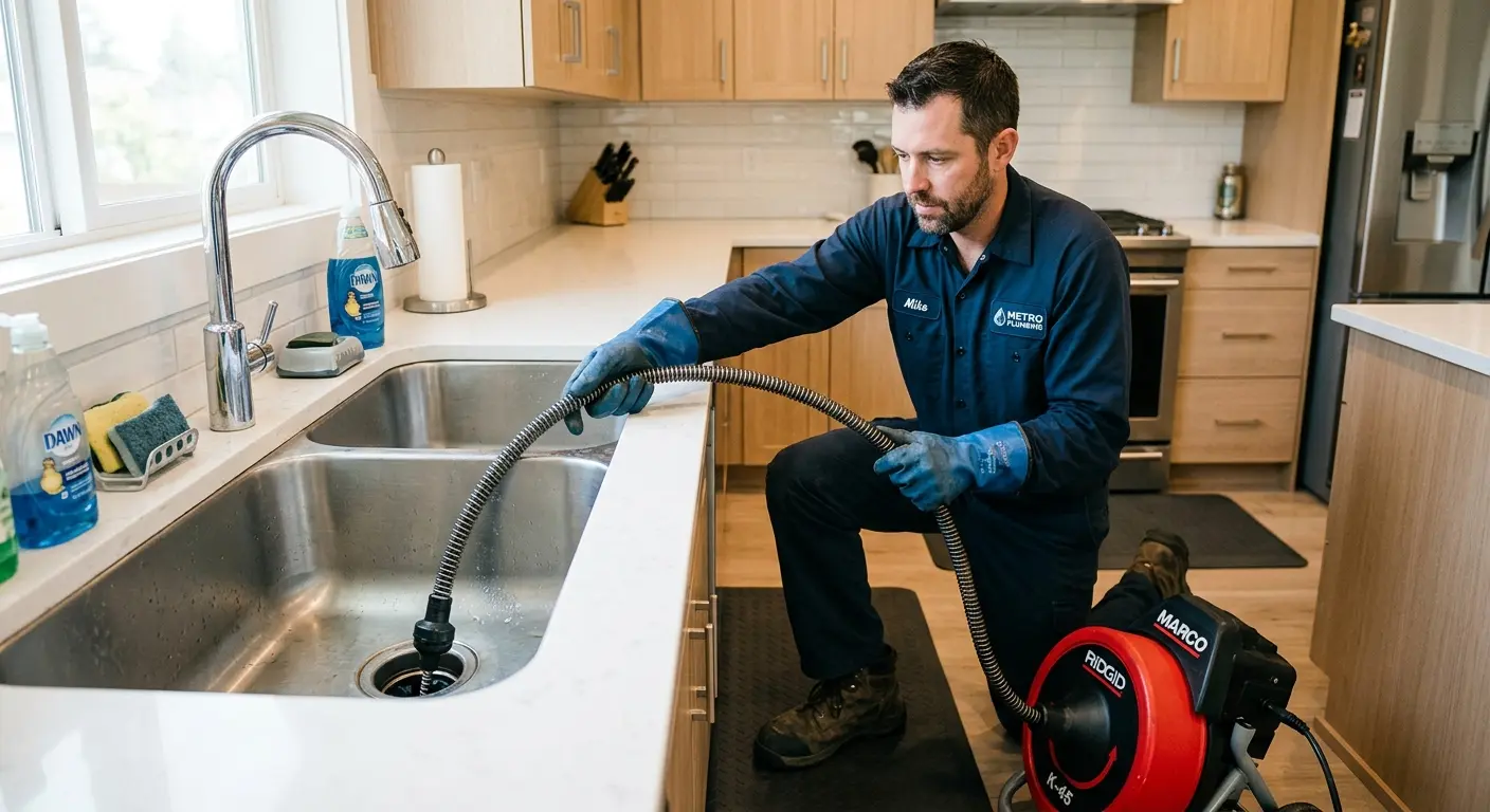 Drain cleaning technician using a motorized snake on a kitchen sink in Englewood