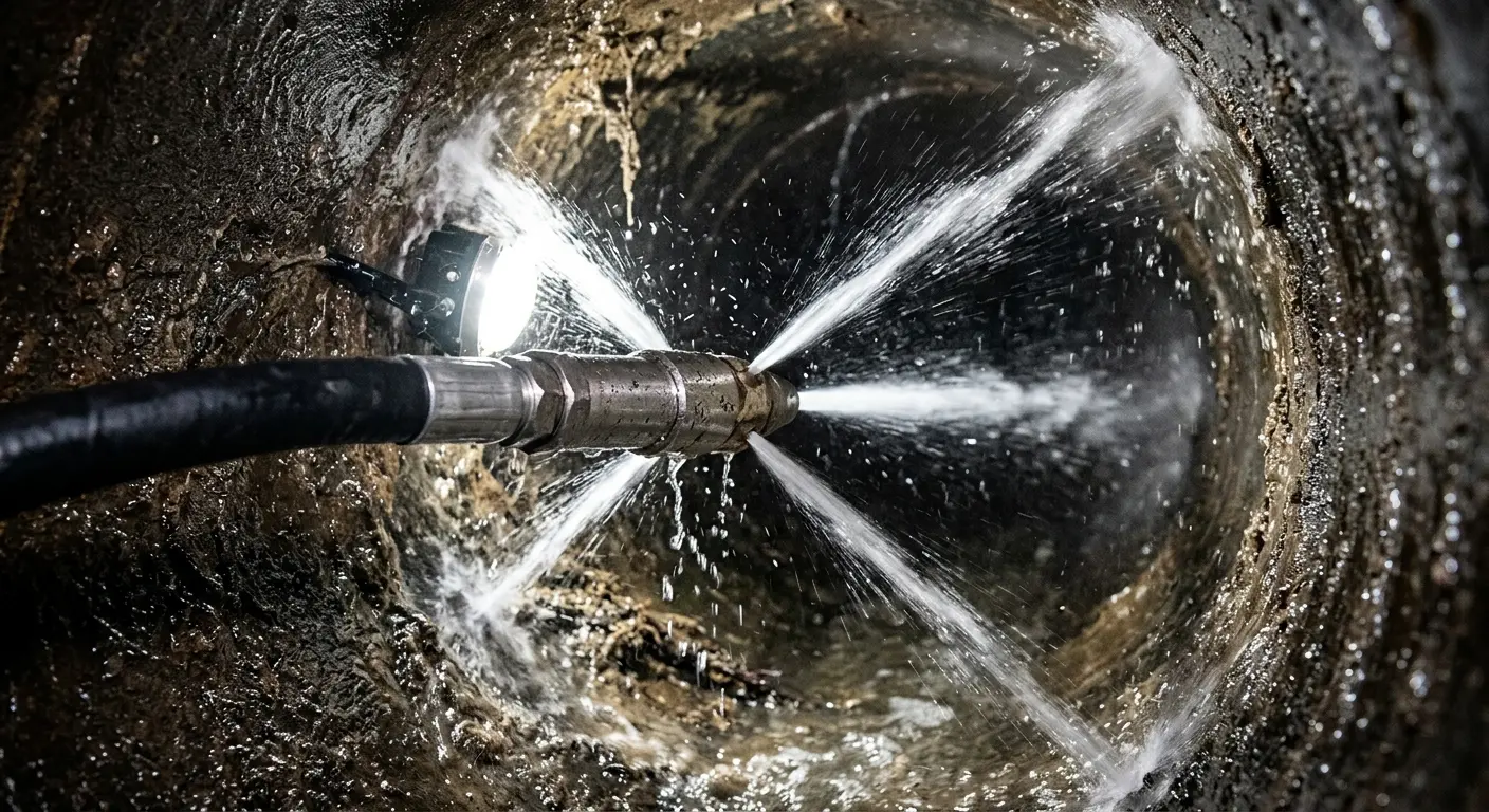 High-pressure hydro jetting nozzle cleaning sewer pipe for Emergency Drain Service in Englewood
