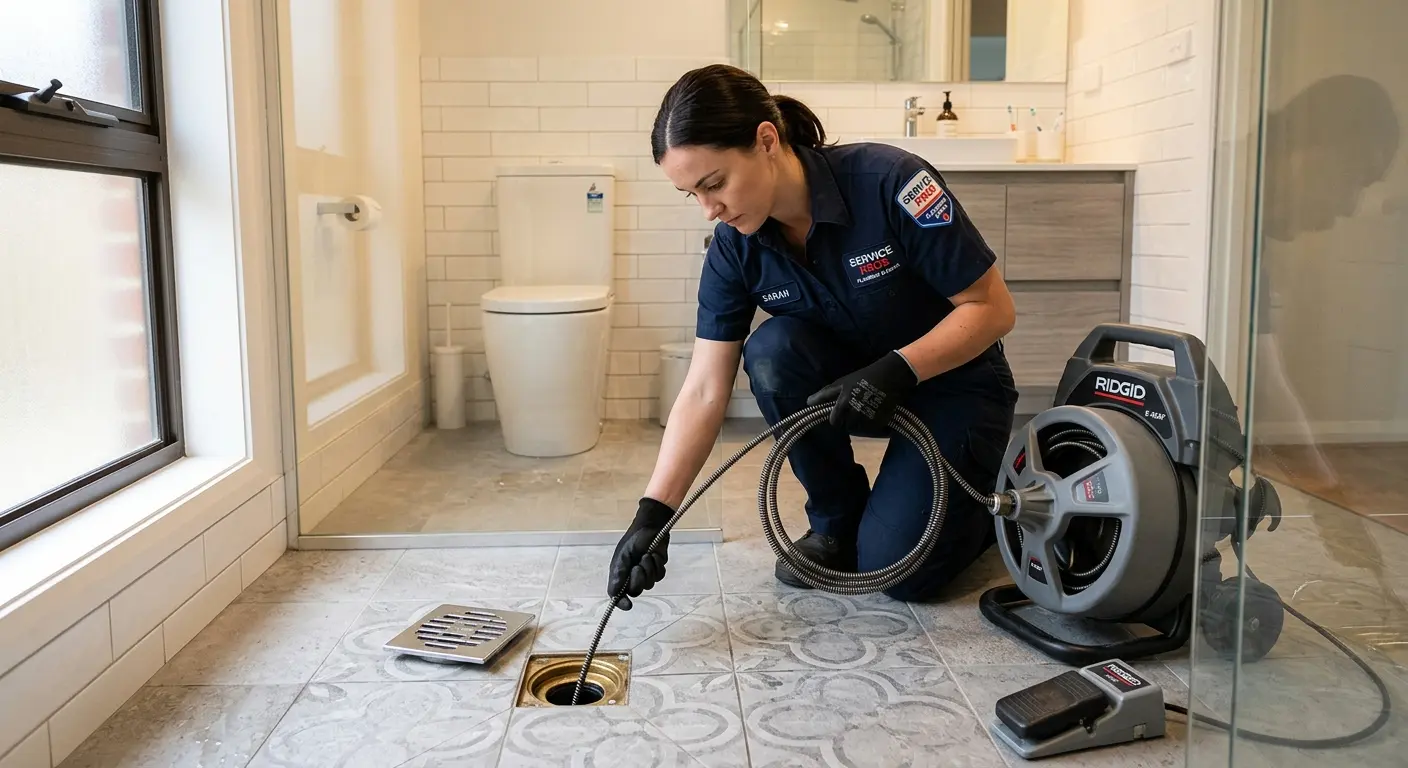 Technician clearing a bathroom floor drain for Drain Cleaning in Englewood